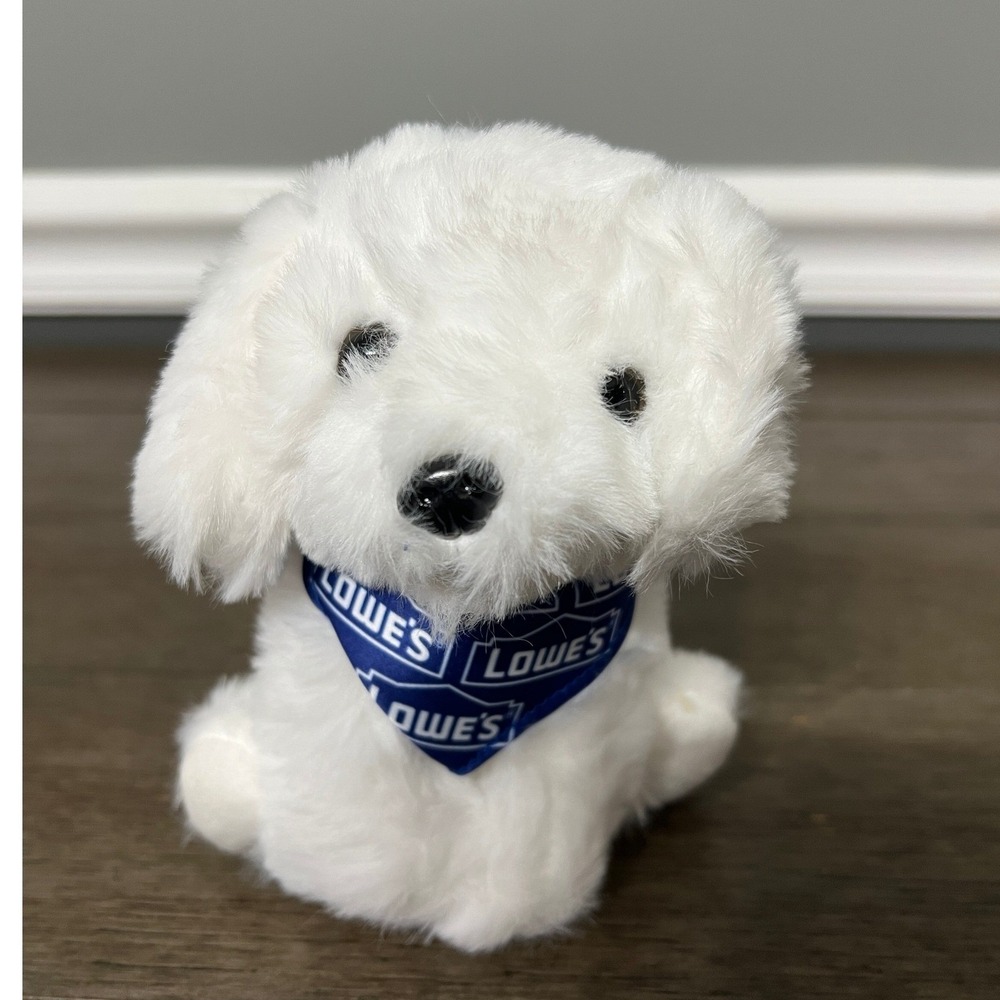 LOWE'S White Plush Dog Toy Puppy Blue Bandana Stuffed Animal Kids Collectible